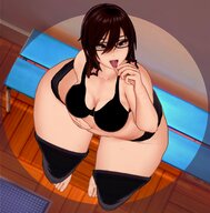vore long_hair tongue barefoot glasses brunette sitting shrunken_man looking_down open_mouth big_butt wide_hips thick_thighs digital_render koikatsu nhyanma
