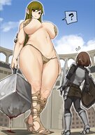 drawing long_hair huge_breasts blood brunette smiling sandals looking_down uru skimpy_clothing gladiator pointed_ears gladiators question_mark