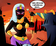 breasts drawing giantess white_hair mega alien color large_breasts cleavage skirt angry purple_eyes queen looking_down standing outdoors belt headband dialogue cliff hand_on_hips looking_at_tiny queen_tyrahnee duck_dodgers bare_midriff black_skin slugmanoctavio3 cartoon_network