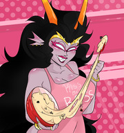 drawing horns black_hair long_hair cleavage smiling looking_down cooking sticky sharp_teeth homestuck no_background green_skin the_condesce slugmanoctavio3