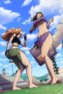 breasts drawing giantess mega color long_hair butt destruction handheld barefoot skirt huge_breasts brunette low_angle multiple_sizes stadium gloves red_hair cheerleader underboob kim_possible giantesses disney top belt ripped_clothing football_stadium ron_stoppable bare_legs cheerleader_uniform zerohour99 bare_midriff huge_butt bonnie_rockwaller scoreboard hands_on_butt