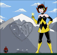 breasts drawing giantess giga mega color giant brunette multiple_sizes couple gloves short_hair boots mountains forest avengers outdoors costume ant-man closed_eyes hands_on_hips looking_at_tiny janet_van_dyne marvel_comics nightcore100 the_wasp avengers_earths_mightiest_heroes giant-man hank_pym