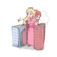 drawing giantess city blonde long_hair destruction princess_peach buildings brunette airplane giantesses princess_daisy cramped no_background