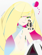 drawing gentle pokemon blushing blonde color long_hair clothed handheld smiling sitting heart source_needed no_background lusamine_(pokemon) guzma