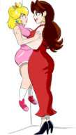 drawing blonde long_hair clothed princess_peach high_heels brunette mini_giantess crown lifting licking_lips earrings pauline