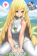drawing giantess pokemon giga city blonde color large_breasts long_hair destruction clothed buildings green_eyes blimp sitting heart mountains thighs outdoors licking_lips legs_spread source_needed uru looking_at_tiny lusamine_(pokemon)