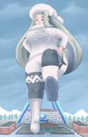 drawing giantess white_hair pokemon city large_breasts long_hair clothed smiling looking_down outdoors raised_foot crowds hands_on_hips running_away thick_thighs melony