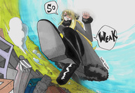 drawing giantess pokemon city blonde long_hair clothed buildings boots looking_down outdoors raised_foot cynthia_(pokemon)