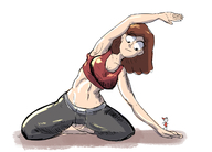 breasts drawing color long_hair cleavage brunette sitting looking_down pants milf yoga sports_bra no_background bare_midriff hilda_(series) alfur johanna_(hilda) thedarkzircon