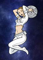 breasts drawing giantess giga space color large_breasts brunette star_wars vehicles looking_at_viewer belt ripped_clothing jumpsuit stars inspector97 cosmic_giantess death_star one_eye_closed bare_midriff padme_amidala padme senator