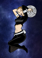 breasts drawing giantess giga space color large_breasts brunette star_wars vehicles looking_at_viewer belt ripped_clothing jumpsuit stars inspector97 cosmic_giantess death_star one_eye_closed bare_midriff padme_amidala padme senator