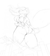 drawing giantess furry tail anthro city monochrome large_breasts long_hair butt destruction clothed buildings low_angle sketch mountains thighs sideboob bikini_bottom no_background bare_legs scream_(artist) ali flowing_hair