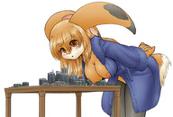 drawing nipples furry blushing tail anthro color large_breasts long_hair destruction bunny cleavage breast_crush brunette topless brown_eyes areola bending_over looming table looking_down open_mouth standing shrunken_city accidental long_ears on_table no_background bathrobe hands_behind_back accidental_destruction alloyrabbit bare_chest chrome