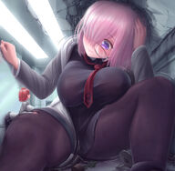 growth large_breasts clothed fate pink_hair thighs indoors outgrowing_room mashu zenkisu pinned_girl gudako glassed