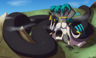 drawing giantess landscape macro tail color large_breasts long_hair tongue blue_hair smiling snake looming open_mouth mountains snake_girl commission over_city valley scalie peace_sign forked_tongue one_eye_covered sepisnake lynnshark lynn 4_arms 3_heads