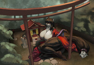 giantess furry macro cleavage huge_breasts fox shrine lying_down muscles thighs scar silverfix yu dark_fur skimpily_clothed scarred_eye