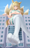 drawing tail city blonde destruction anime fox_ears socks sitting dirty_soles fox_girl legs_crossed sitting_on_building imminent_crush skimpy_clothing