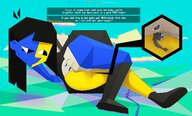 drawing panties upskirt black_hair color long_hair butt butt_crush blue_skin looking_down laughing thighs dialogue zoom looking_at_tiny cutaway yellow_skin lewdssonk ena