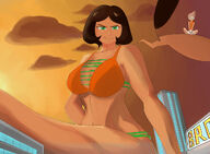 bikini breasts drawing giantess city mega color large_breasts green_eyes huge_breasts brunette smiling short_hair sitting looking_down skyscraper clouds outdoors sky sunset dante on_shoulder looking_at_tiny bare_legs smirking bare_midriff entrecoxas itsatinyveigar marjorie