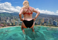bikini giantess collage city mega blonde long_hair beach barefoot kneeling looking_down outdoors katelyn_mcwhinnie