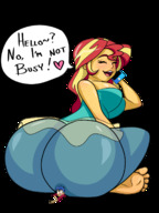 breasts drawing crush blushing color large_breasts long_hair butt clothed toes barefoot soles butt_crush smiling sitting phone dark_skin pinned freckles closed_eyes cellphone commission dialogue my_little_pony rear_view no_background sunset_shimmer equestria_girls huge_butt sitting_on_tiny ameliaafterdark flash_sentry