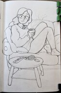 breasts drawing gentle monochrome barefoot cleavage smiling sitting drink coffee pencil_drawing cup looking_at_viewer inside_clothing sofa steam cleavage_window between_breasts hilda_(series) alfur kloete5 johanna_(hilda)