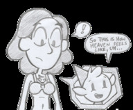 breasts gentle monochrome long_hair cleavage bra looking_down pencil_drawing dialogue no_background looking_at_tiny cleavage_window bare_midriff between_breasts hilda_(series) alfur johanna_(hilda) grayscale seab