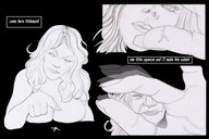 breasts drawing nude monochrome long_hair unknown_artist shrunken_man looking_down between_fingers imminent_crush no_background pinched