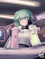drawing giantess color smiling short_hair drink cup bar looking_at_tiny stella gamefreakdx va-11_hall-a va11halla sei green-hair