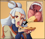 drawing giantess white_hair vore color long_hair tongue mouth teeth saliva red_eyes mawshot unaware open_mouth food point_of_view looking_at_viewer pizza imminent_vore jora-bora no_background pointed_ears the_legend_of_zelda hair_bun cutaway the_legend_of_zelda_breath_of_the_wild paya hairbun