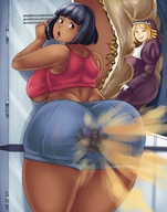 breasts drawing black_hair color large_breasts butt clothed huge_breasts brown_eyes short_hair surprised fart shorts shrunken_woman looking_down scat indoors looking_back rear_view bare_legs bare_midriff in_ass bubblebuttdoublebutt supakujitou ujitao milgreff