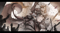 drawing giantess furry anthro long_hair low_angle smiling underboob weapon closed_eyes waving cheering