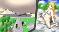 breasts nipples giantess nude giga masturbation city blonde long_hair futanari destruction penis red_eyes smiling mountains clouds looking_up outdoors sky ruby blake rwby yang_xiao_long bare_legs weiss gtsmaycry7 bare_midriff