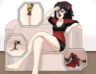 breasts drawing vore black_hair color barefoot cleavage red_eyes raven unknown_artist sitting between_legs shrunken_people indoors facesitting smothering sofa source_needed looking_at_tiny rwby yang_xiao_long cleavage_window bare_legs between_breasts