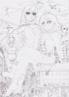 giantess city mega monochrome destruction buildings short_hair unknown_artist sitting giantesses standing clouds outdoors pencil_drawing sky source_needed sitting_on_building rwby grayscale