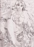 drawing giantess feet mega monochrome destruction barefoot buildings smiling short_hair unknown_artist sitting foot_crush hand looking_down hand_crush outdoors dirty_soles pencil_drawing bracelet source_needed rwby bare_legs grayscale