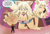 breasts drawing gentle micro blonde large_breasts blue_eyes clothed handheld barefoot cleavage playful huge_breasts tiny yellow_eyes smiling fox_ears hand shorts heart looming collar shrunken_man indoors all_fours choker cuddle reach fox_girl point_of_view dialogue bell heterochromia cleavage_window bare_legs speech_bubble nekopara coconut nightingale122 dakunart leon_takayashi snuggle