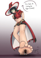 breasts crush feet black_hair ino toes barefoot cleavage soles glasses green_eyes smiling short_hair foot_crush guilty_gear shorts fanart looking_down under_foot hat cape no_background cleavage_window bare_legs smirking bare_midriff rarayagts fighting_game