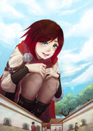 drawing gentle giantess mega color clothed buildings green_eyes smiling red_hair short_hair boots unknown_artist squatting village looking_down clouds outdoors sky cape trees source_needed rwby ruby_rose looking_at_tinies