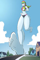 breasts drawing giantess panties feet mega color long_hair toes barefoot soles street foot_crush pink_eyes running clouds outdoors sky point_of_view trees raised_foot bracelet semi_nude black_panties sports_bra my_little_pony rainbow_dash looking_ahead equestria_girls multicolored_hair bare_legs bare_midriff caiman2 t-spacer
