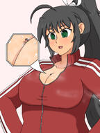 breasts drawing black_hair color long_hair clothed cleavage green_eyes sweat ponytail shrunken_man looking_down smothering senran_kagura homura_akemi no_background looking_at_tiny cleavage_window tsukai91 between_breasts