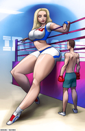 breasts drawing blonde color large_breasts long_hair blue_eyes huge_breasts shoes socks mini_giantess sitting shorts sneakers sports white_socks boxing_ring boxer looking_at_tiny bare_legs bare_midriff billy_nunez damegang maven
