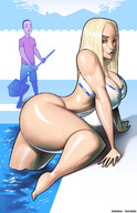 breasts drawing blonde color large_breasts long_hair swimsuit blue_eyes barefoot cleavage huge_breasts mini_giantess outdoors looking_at_viewer semi_nude seductive swimming_pool cleavage_window bare_legs bare_midriff billy_nunez damegang