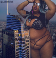 giantess collage mega black_hair color destruction cleavage buildings glasses vehicles piercing clouds outdoors sky dreadlocks bracelet semi_nude highlights nose_piercing cleavage_window bare_legs bare_midriff between_breasts starshot lilithisfat