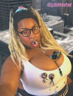 giantess collage mega black_hair color destruction clothed cleavage buildings glasses twintails vehicles piercing clouds outdoors sky dreadlocks necklace looking_at_viewer highlights nose_piercing cleavage_window between_breasts starshot lilithisfat