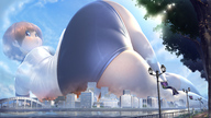 drawing giantess city mega color butt bridge destruction clothed buildings butt_crush brunette brown_eyes socks lying_down short_hair shorts lake clouds sky looking_back white_socks rear_view imminent_crush bare_legs little_snatcher arekibot