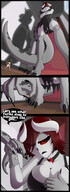 breasts drawing horns tail comic color large_breasts cleavage red_eyes huge_breasts tiny low_angle red_hair demoness caught shrunken_woman teasing grabbing indoors choker nail_polish point_of_view karina mspaintgts looking_at_tiny cleavage_window kimiko tiny_female yuriko
