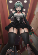 drawing panties upskirt color clothed handheld glasses low_angle smiling camel_toe green_hair twintails looming shrunken_woman looking_down maid_uniform indoors point_of_view braid thigh_highs black_panties bonnet looking_at_tinies kuroihassan upshot