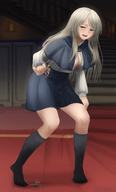 white_hair clothed handheld cleavage green_eyes smiling socks dress foot_crush hand shrunken_people shrunken_woman indoors under_foot on_floor black_socks cleavage_window kuroihassan under_giantess