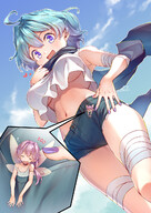 wings large_breasts blue_eyes clothed blue_hair fairy smiling pink_hair underboob shorts looking_down pocket clouds outdoors sky nail_polish in_pocket bare_legs bare_midriff tiny_female bare_thighs 三丈えいる pocketed bare_belly cut_shorts
